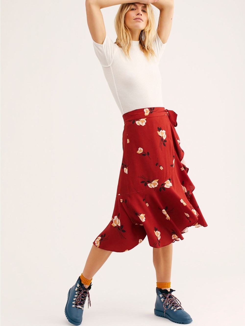 Free People Red Floral Wrap Midi Skirt with Ruffle